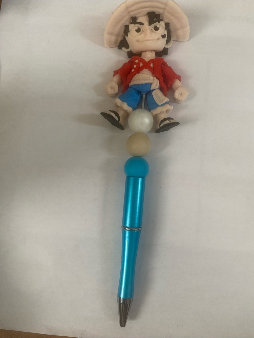 Handcrafted Blue One Piece Character Ball-Bead Pen with Beige Figure Top - Kids